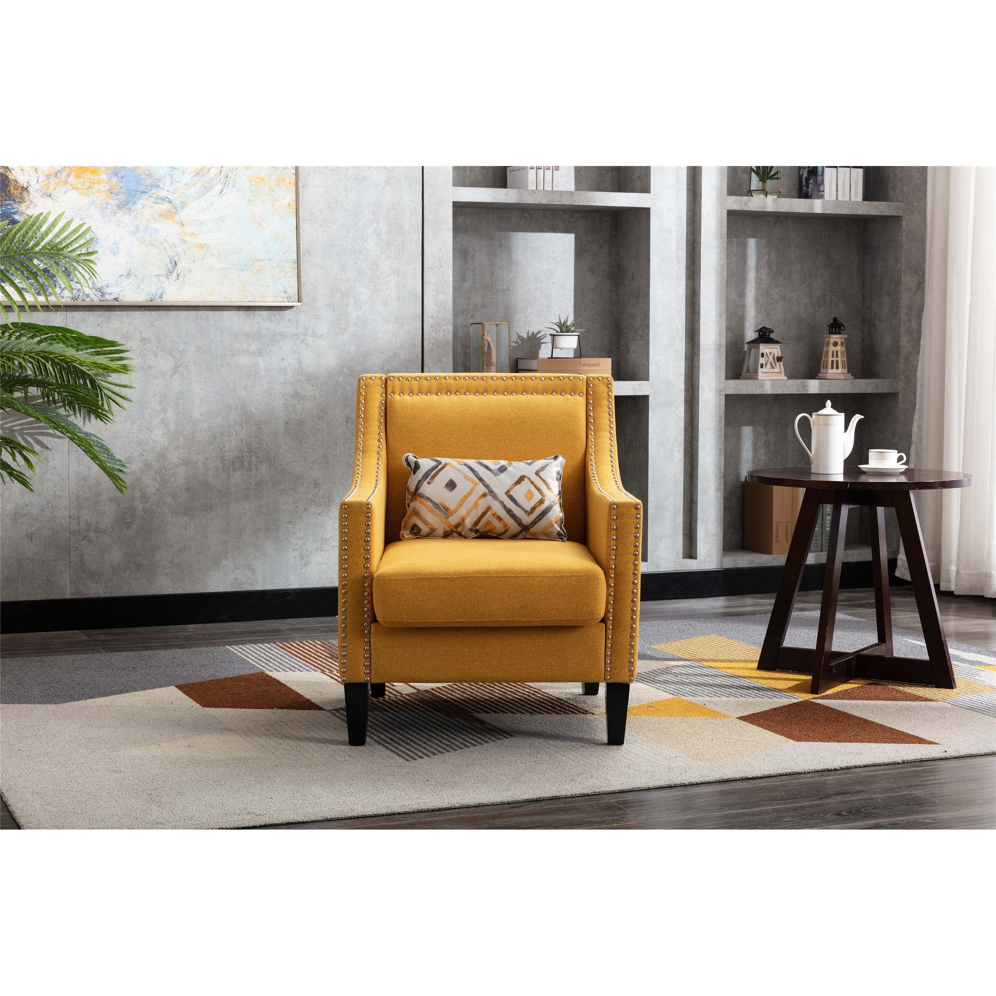 Modern Accent Armchair with Nailheads Trim(from Bottom to Top) and Wood Legs， Barrel Chair with Curved edges， Yellow