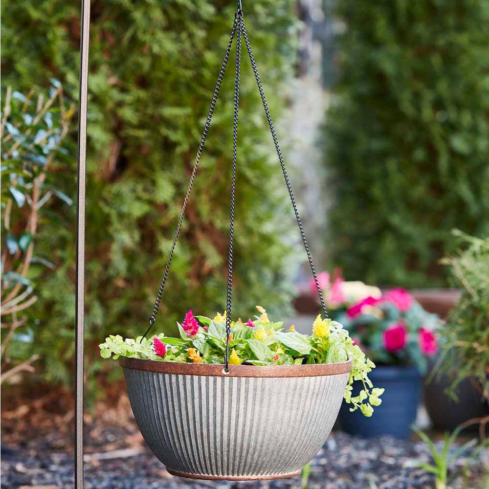 Southern Patio Westlake Medium 12.5 in. 9 qt. Silver with Bronze Trim High-Density Resin Hanging Basket Outdoor Planter HDR-054801