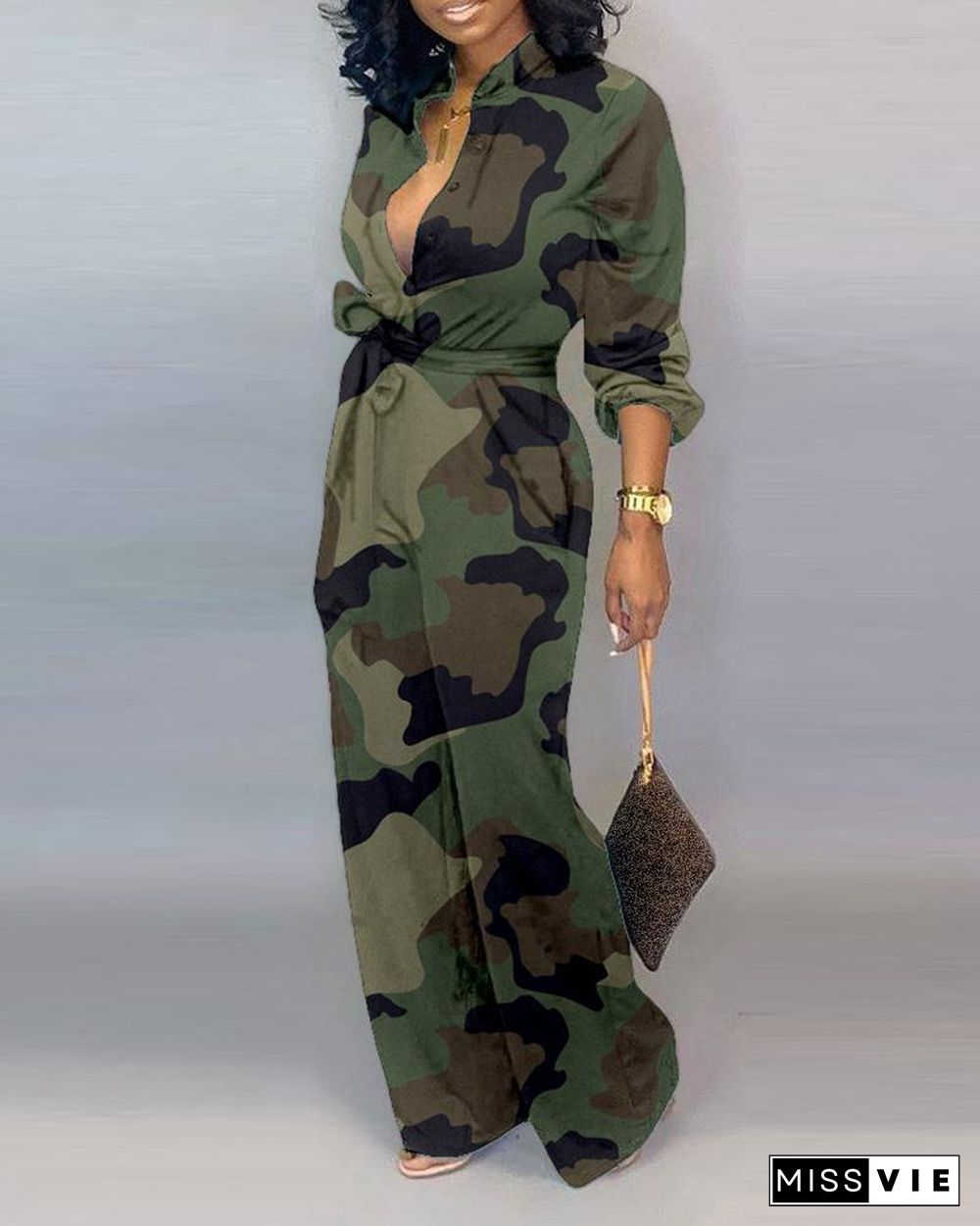 V Neck Camouflage Print Buttoned Jumpsuit