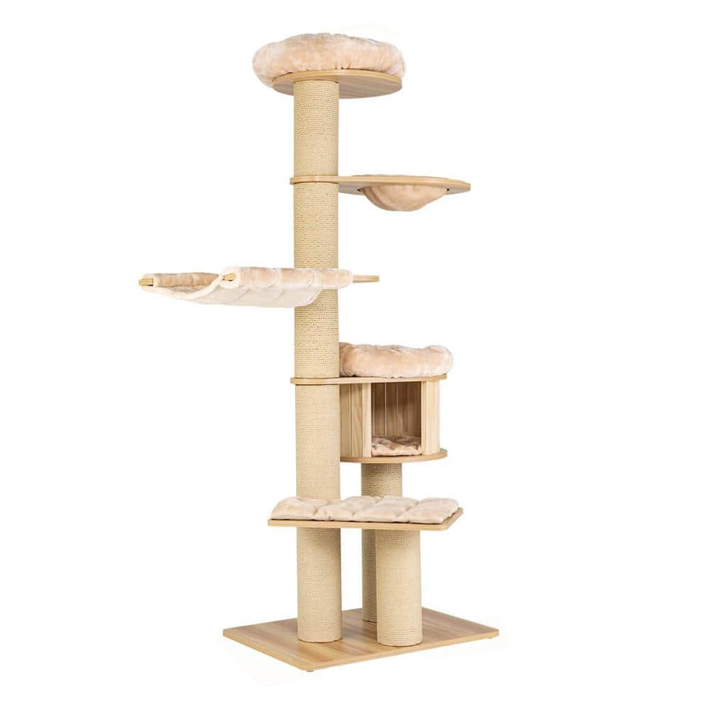 ANGELES HOME Wood Modern Tall Cat Tree Tower with Scratch Posts and Washable Mats 108CKPV27BE