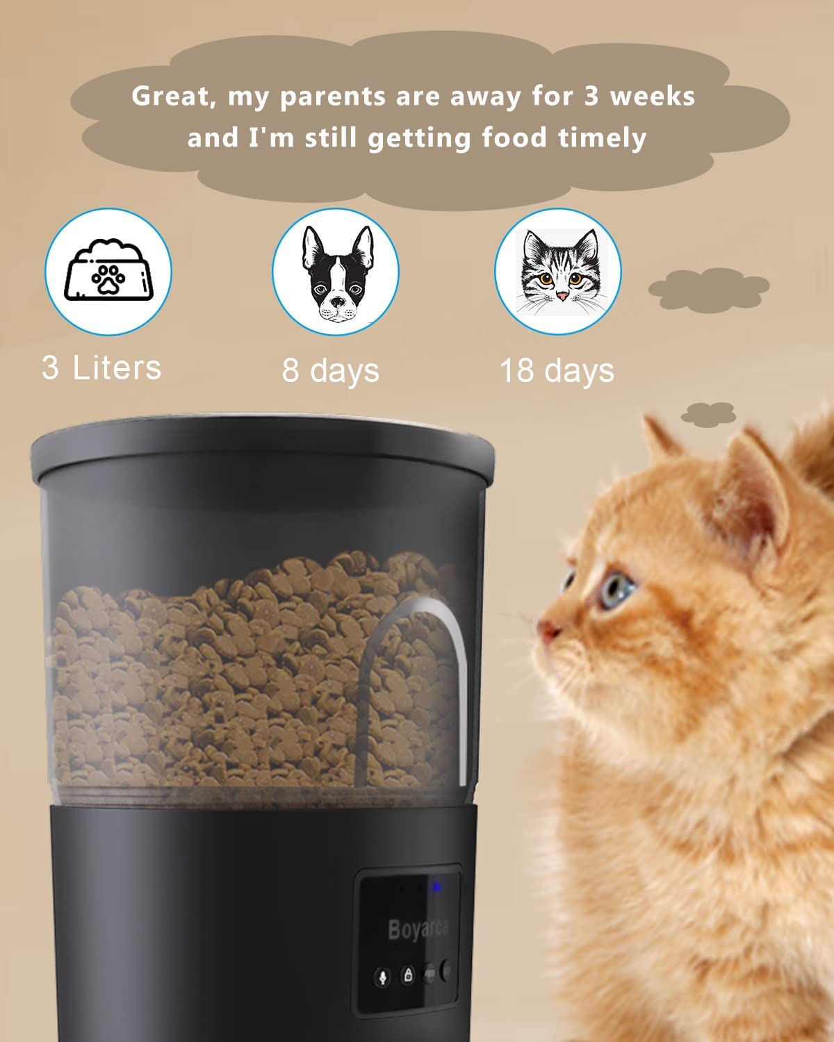 Automatic Cat Feeders with App，Tuya Smart Auto Pet Feeder for Cats and Dogs，2.4GHz WiFi Pet Dry Food Dispenser， with Remote Feeding Timer，Works with Google for Home Automation，3L，Black