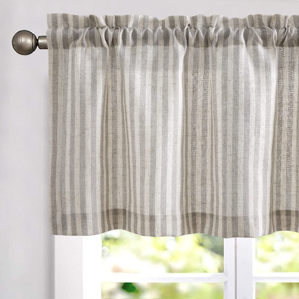 CURTAINKING Kitchen Valance Curtain Stripe Pattern Farmhouse Window Valance 16 inch Linen Window Treatment for Bathroom Bedroom Rod Pocket 1 Panel Grey