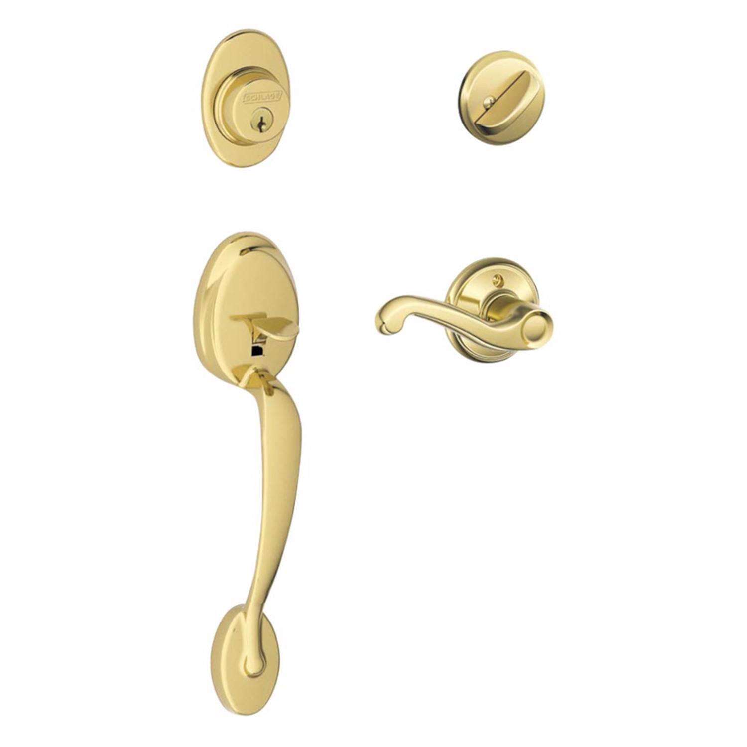 Schlage Plymouth， Flair Bright Brass Entry Handleset 1-3/4 in.