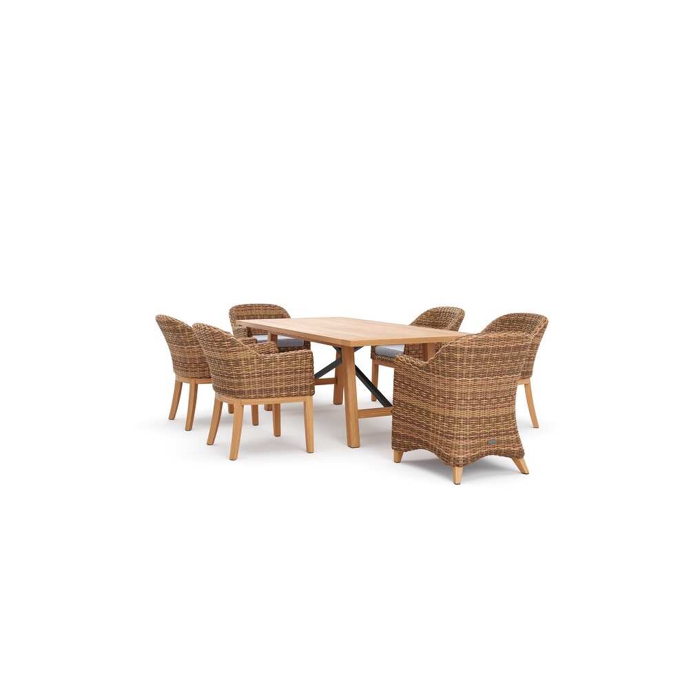 Winston Truss 7 Piece Natural Teak with Vintage Earth Weave Captain's Chair  Side Chair and Teak Dining Table Dining Set