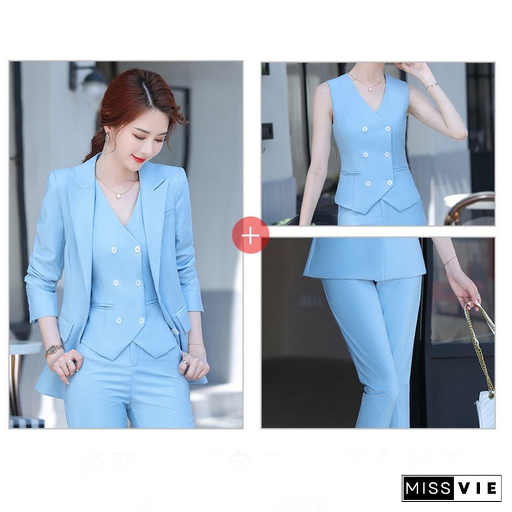 3 Piece Set Women Suits Elegant Ol Slim Blazer Suit+Double Breasted Vest+High Waist Skinny Ankle Length Pants Outfit Sets