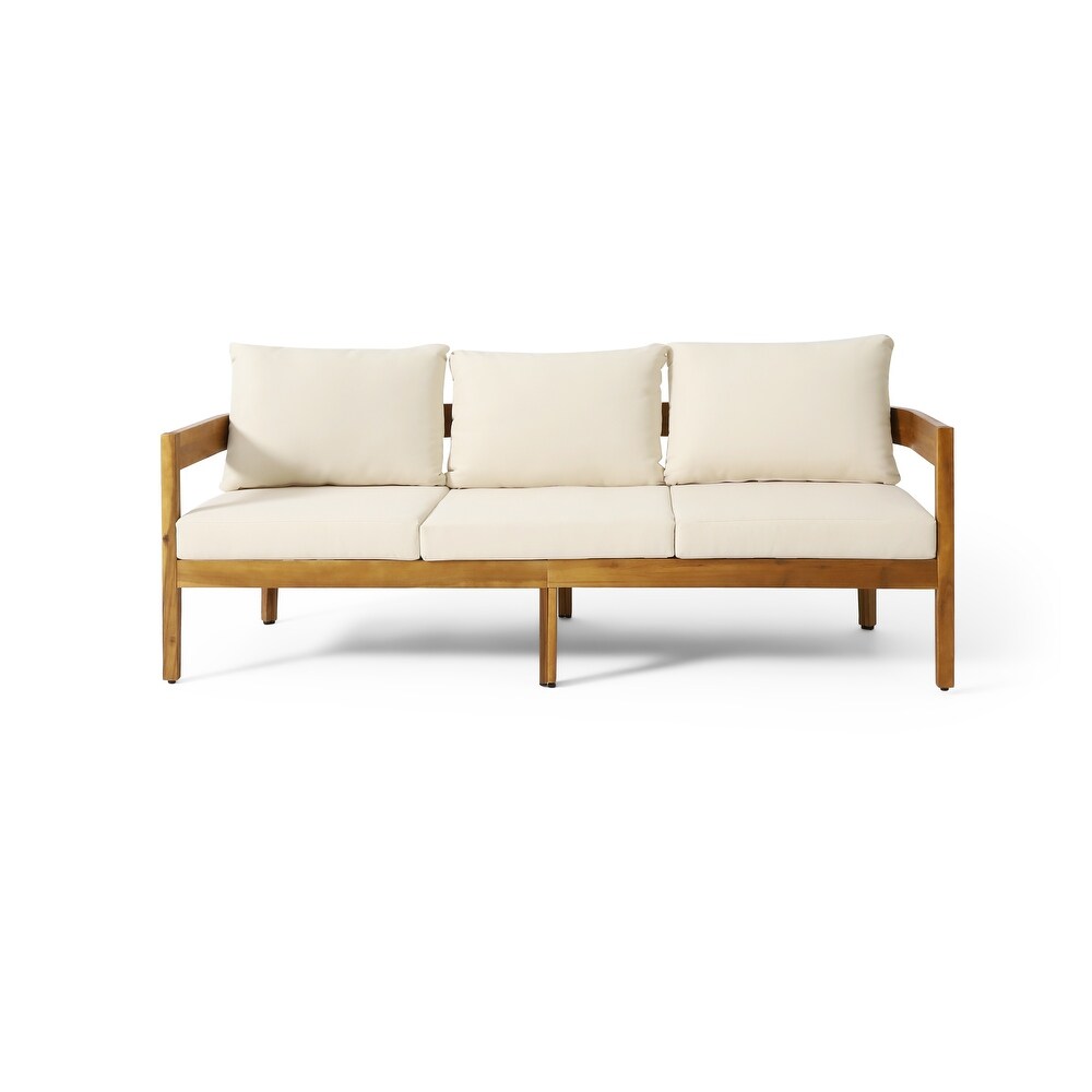 Brooklyn Outdoor Acacia Wood 3 Seater Sofa with Cushions by Christopher Knight Home