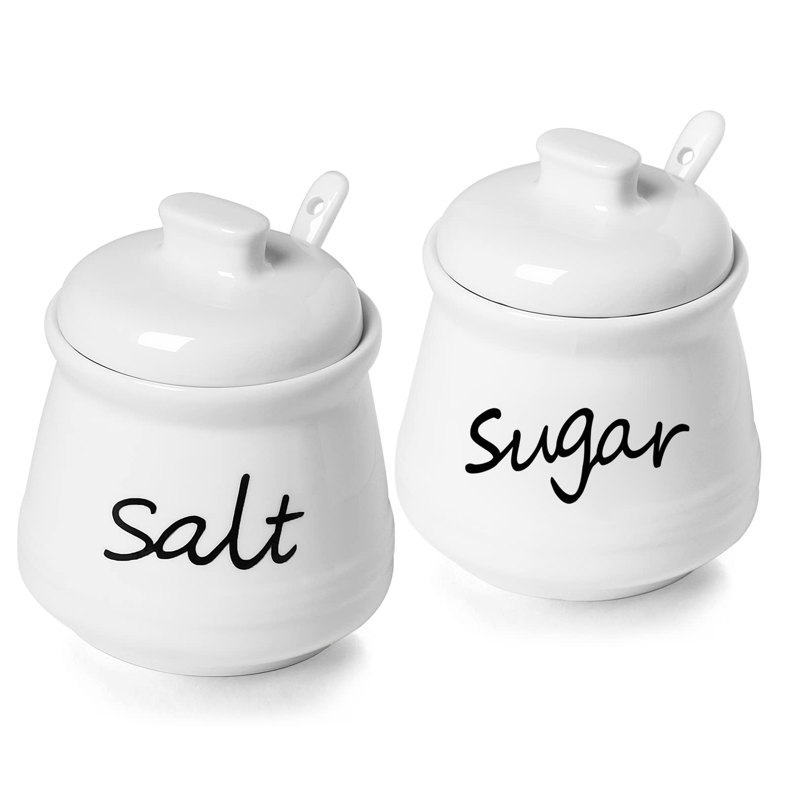 Sugar and Salt Bowls， Ceramics Condiment Pots with Lid and Spoon，Seasoning Jar Spice Container for Kitchen，Dishwasher Safe，12oz White