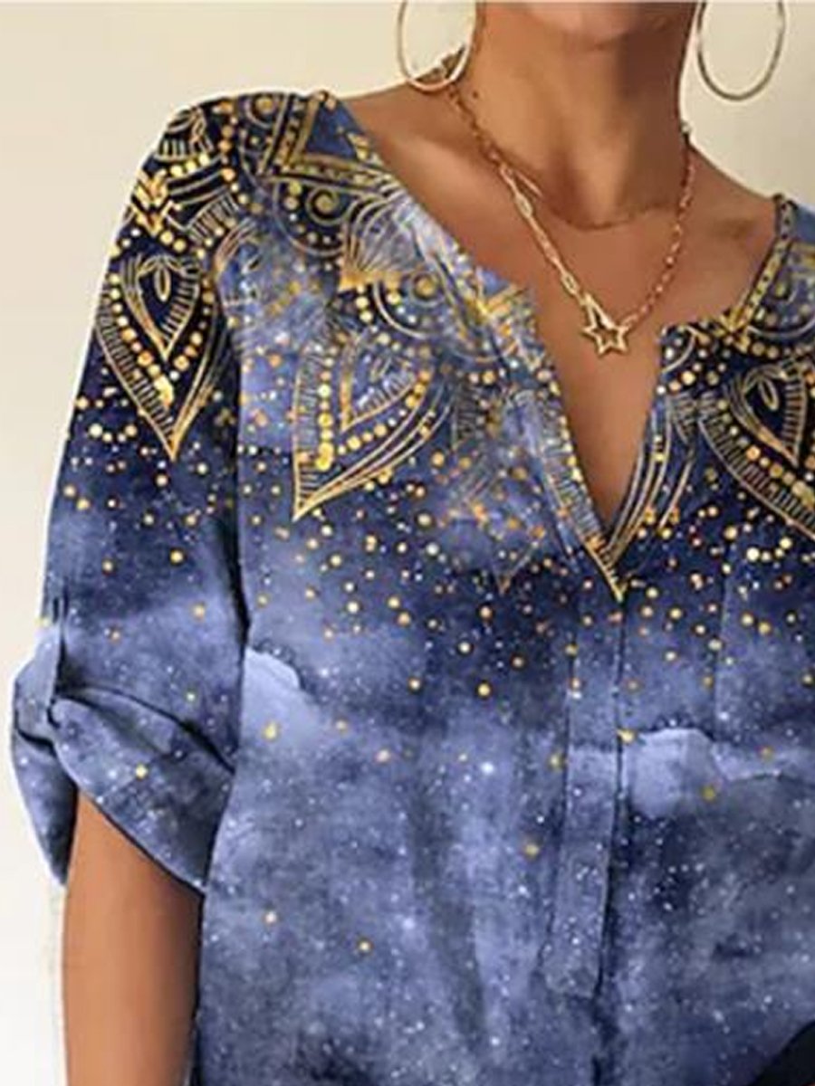 Casual Vintage Print V-Neck Long Sleeve Blouse