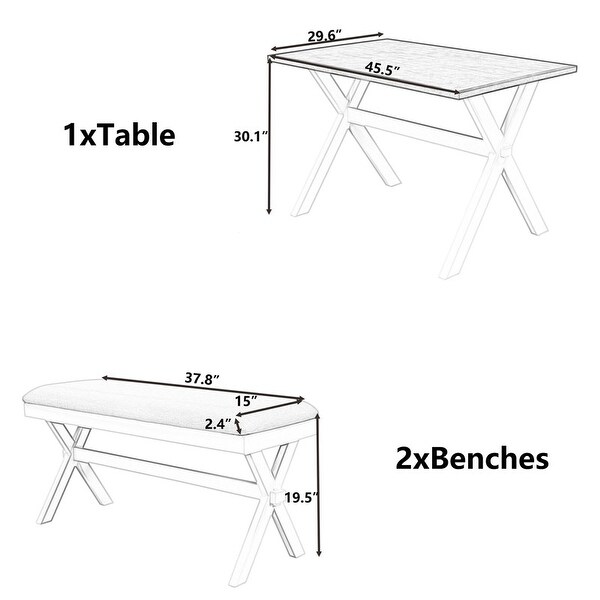 3 piece Farmhouse rustic wood kitchen table set with 2 padded rectangular benches