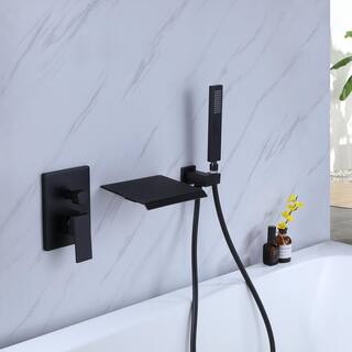 WELLFOR Single-Handle Wall Mount Roman Tub Faucet with Hand Shower and Waterfall Spout in Matte Black (Valve Included) CR-P-WM-2W02MB