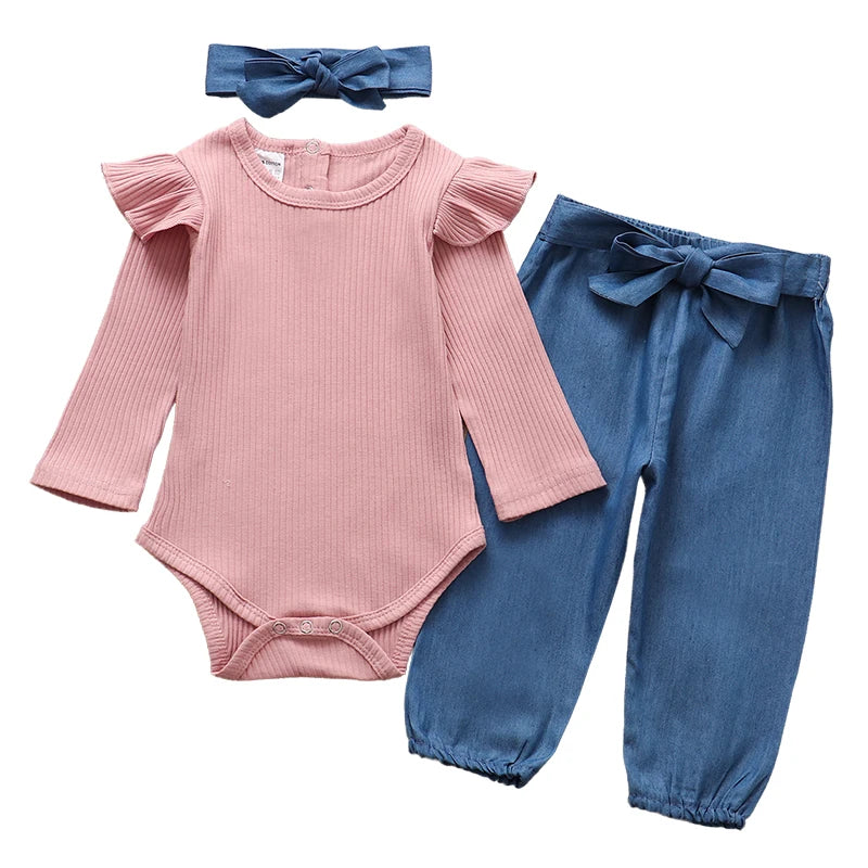 Autumn Baby Girl Clothes Sets Fashion Toddler Outfits Long Sleeve Tops Flower Pants Headband Cute 3Pcs Newborn Infant Clothing