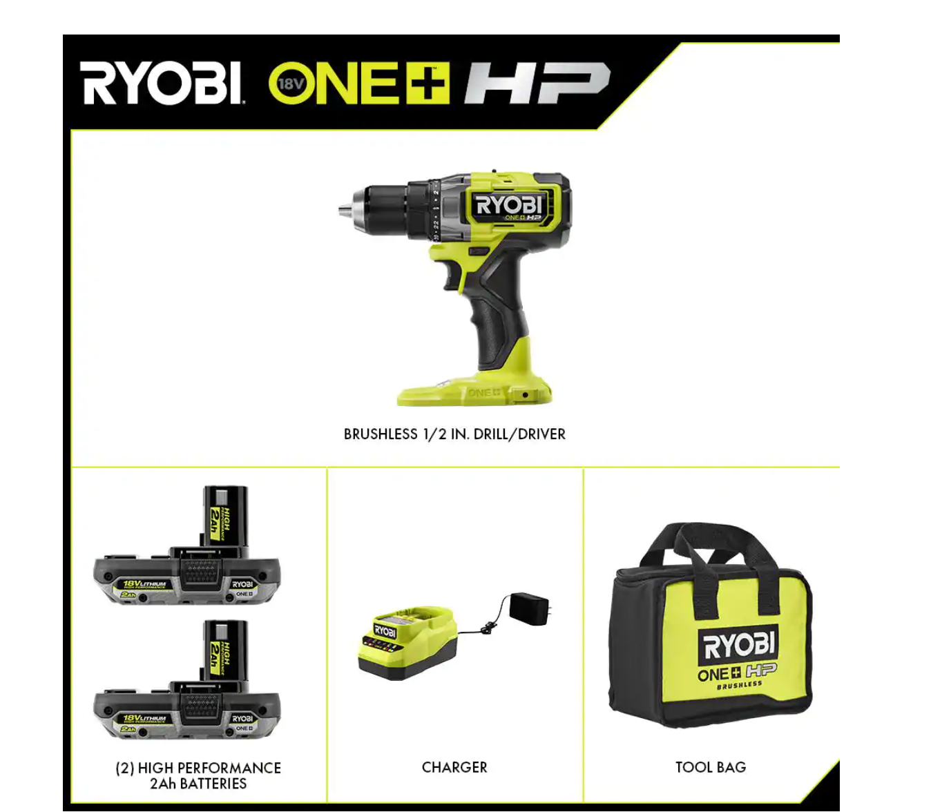 RYOBI PBLDD01K-A98401 ONE+ HP 18V Brushless Cordless 1/2 in. Drill/Driver Kit w/(2) Batteries， Charger， Bag， and Drill/Drive Kit (40-Piece)