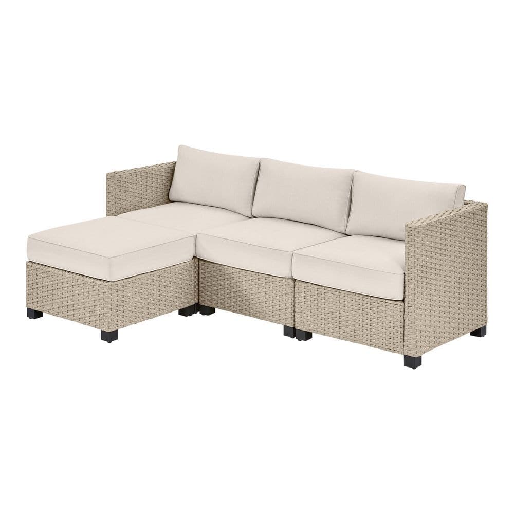 StyleWell Sandpiper Beige Stationary 4-Piece Wicker Patio Sectional Seating Set with Almond Tan Cushions DE22869707172