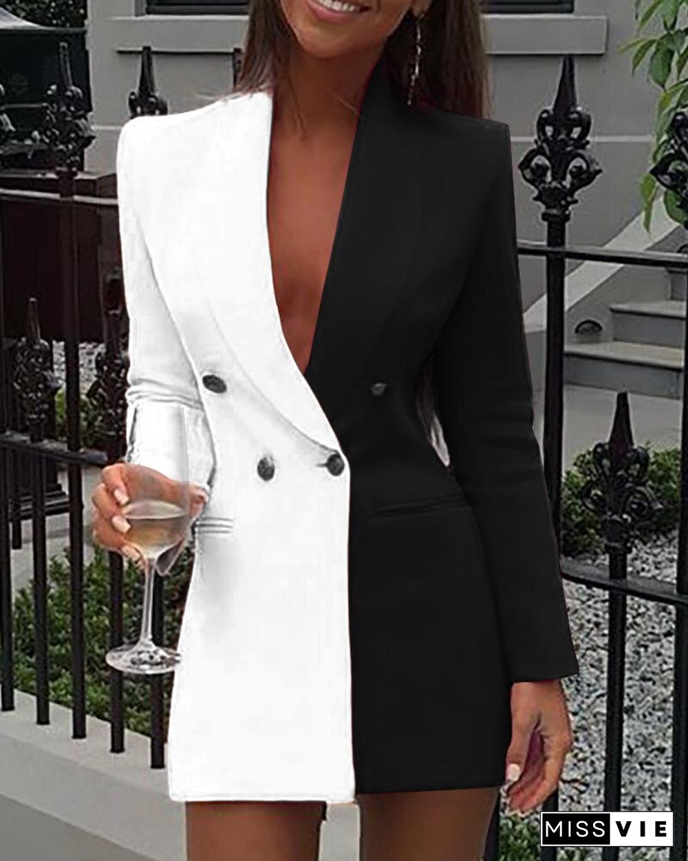 Women Office Dress Colorblock Patchwork Long Sleeve Blazer Dress Sexy Deep V Neck Button Design Casual Mini Dress Workwear