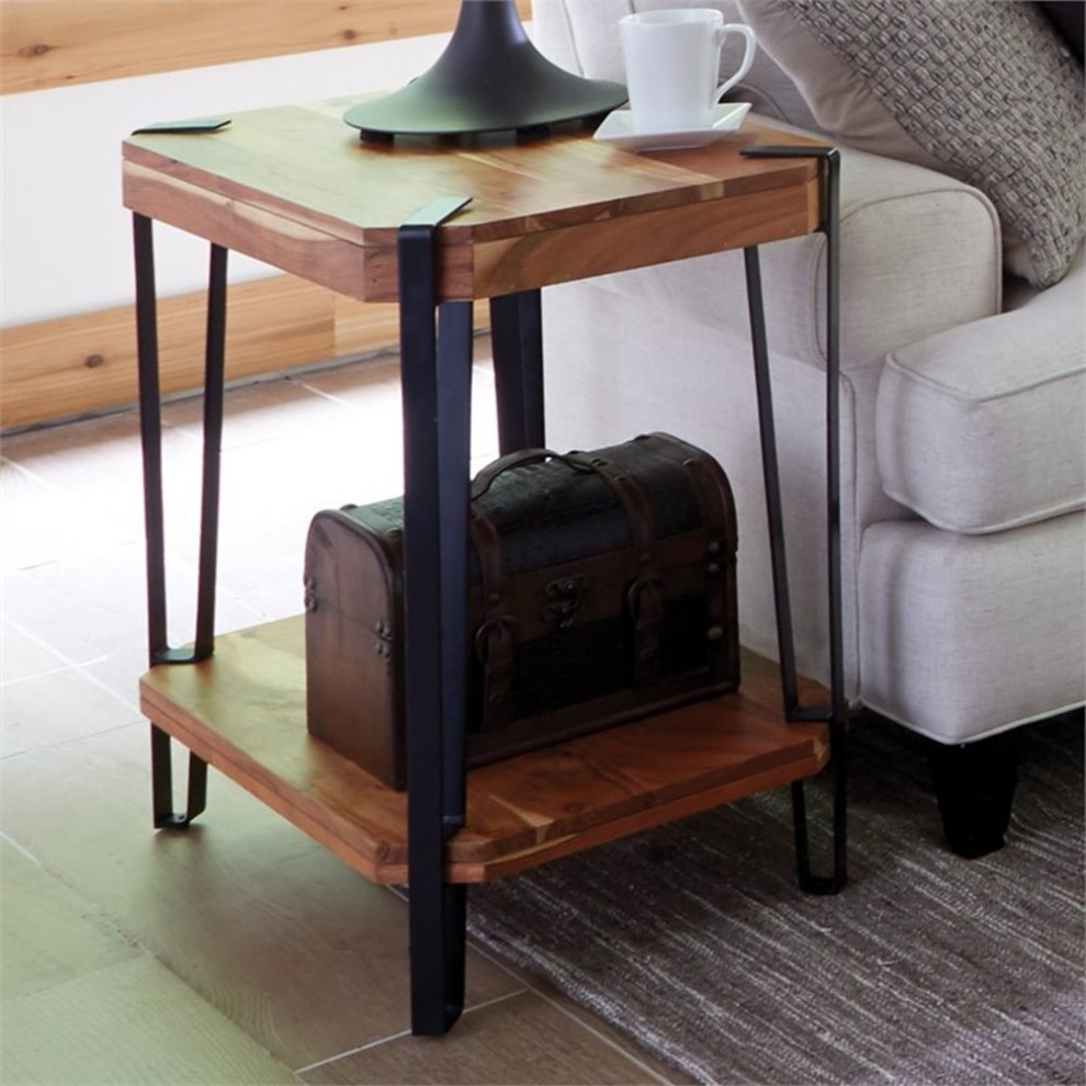 Home Square Edge Solid Wood with Metal End Table in Natural   Set of 2   Industrial   Side Tables And End Tables   by Homesquare  Houzz