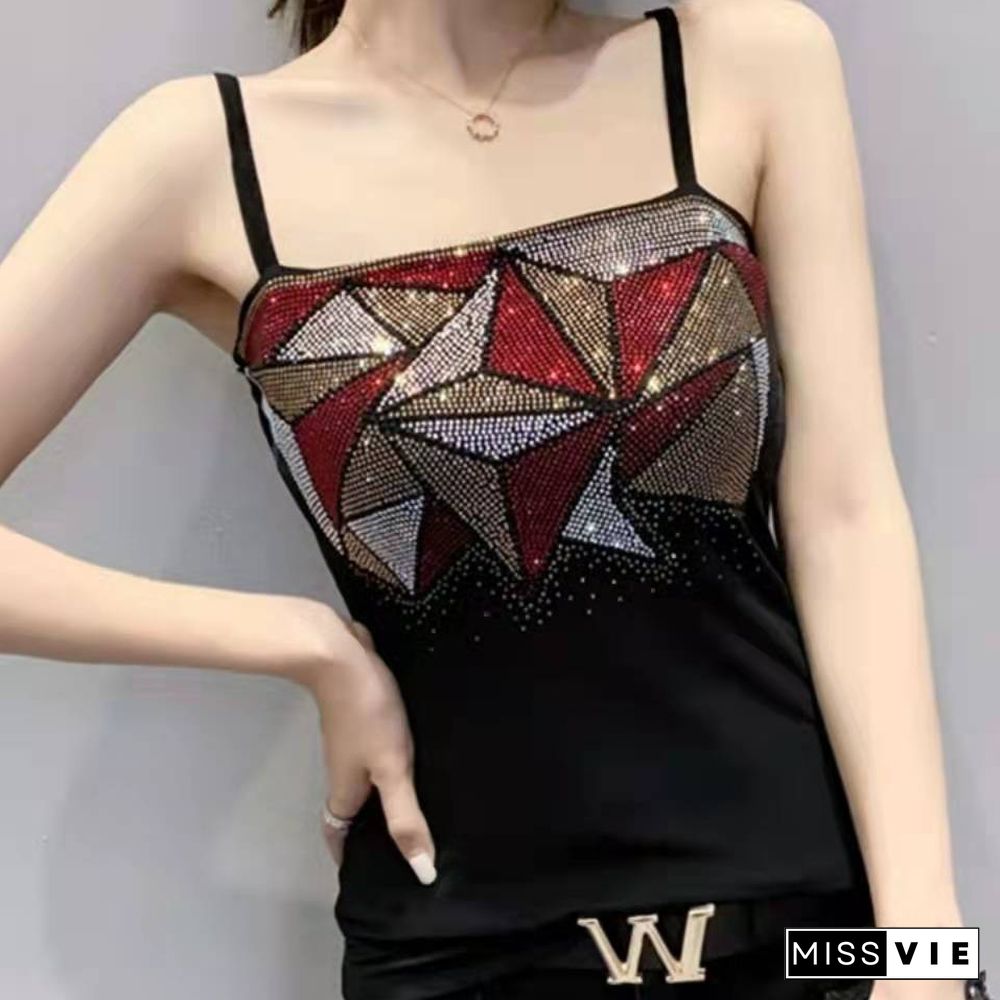 Ladies Sport Camis Femme Sexy Rhinestones Camisole Woman Bling Bling Shiny Gemstones Tanks Tops Womens Paded Camisole Top