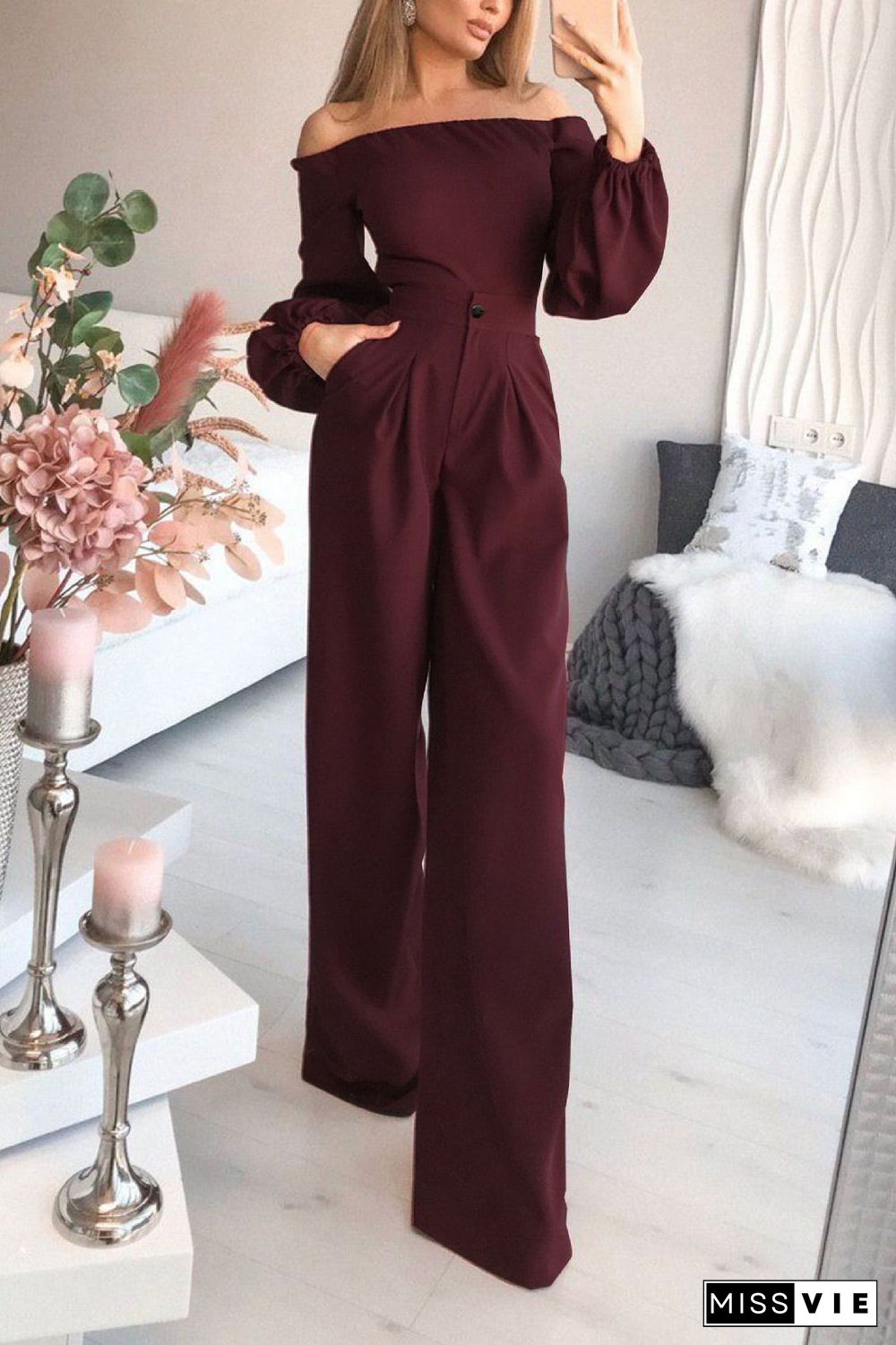 Dark Green Off-the-Shoulder Long Sleeve Jumpsuit