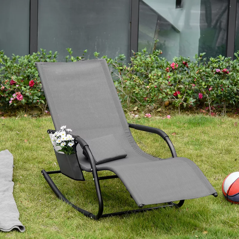 Outsunny Outdoor Rocking Recliner Sling Sun Lounger with Removable Headrest and Side Pocket for Garden Patio and Deck Black