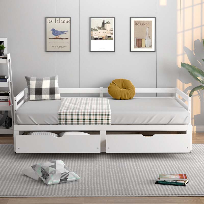 Extendable Twin to King Daybed with Trundle & 2 Storage Drawers, Dual-use Modern Sofa Bed with Roll Out Bed Frame