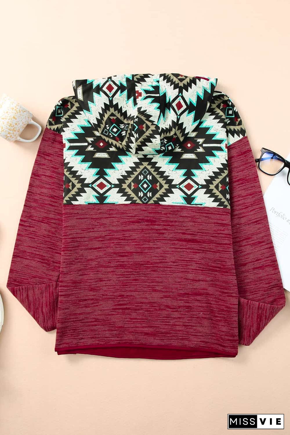 Red Tribal Geometric Print Hoodies with Pocket