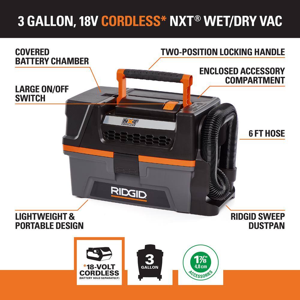 RIDGID 3 Gallon 18-Volt Cordless Handheld NXT WetDry Shop Vacuum (Tool Only) with Filter Expandable Hose and Accessories HD0318