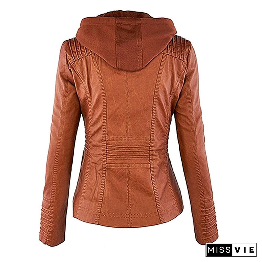 New Arrival Plus Size Women Fashion Autumn Winter Coat Jacket Long Sleeve Zipper New Women's Stylish Slim Removable Hooded Leather Jackets Coat Ladies Tops Motorcycle Coat Outerwear