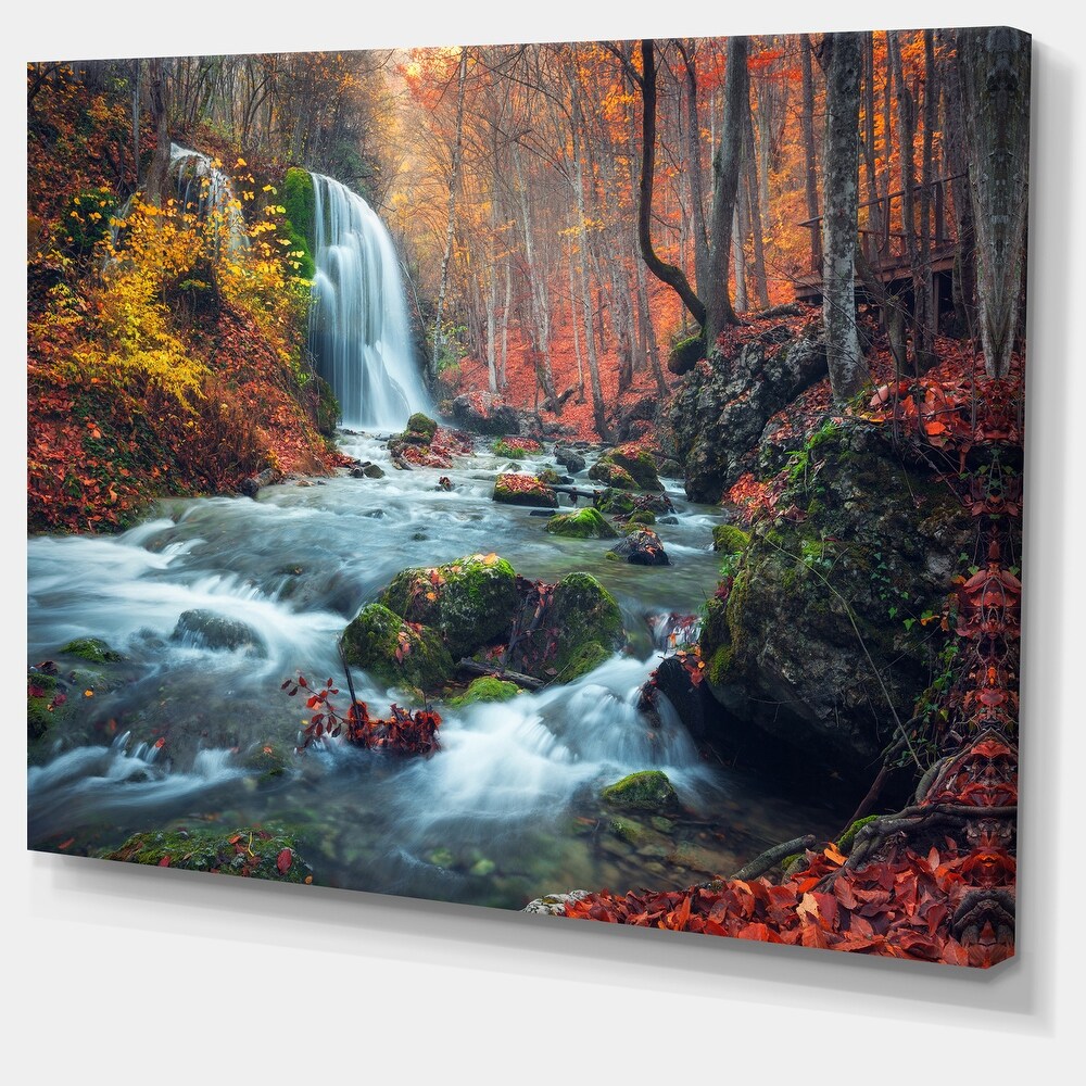 Autumn Mountain Waterfall Long View Landscape Photo Canvas Print   Orange