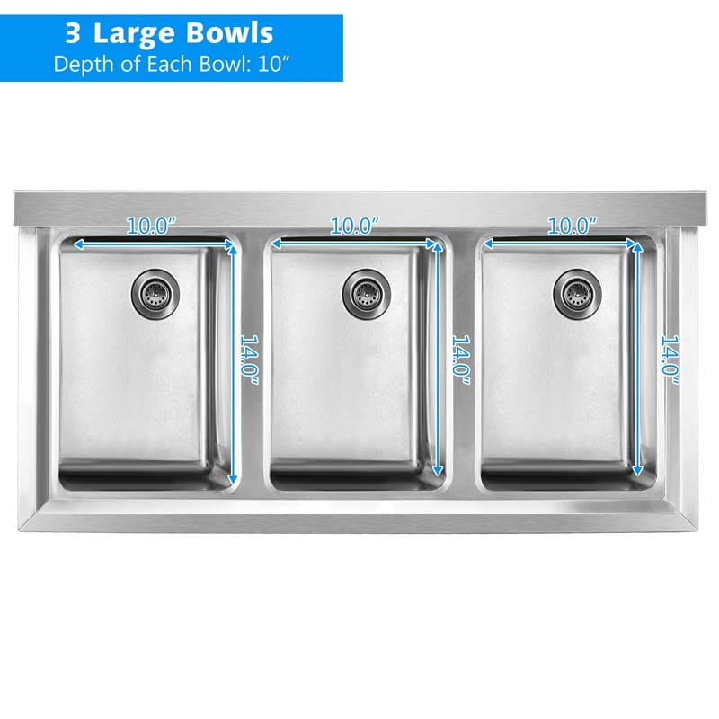 3 Compartment Commercial Stainless Steel Utility Sink, Freestanding Triple Bowl Kitchen Sink with 3 Basket Strainer Drains