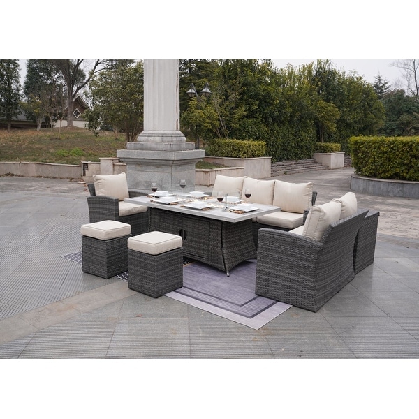 7Piece Outdoor Sofa with Aluminium table top Fire Pit Set