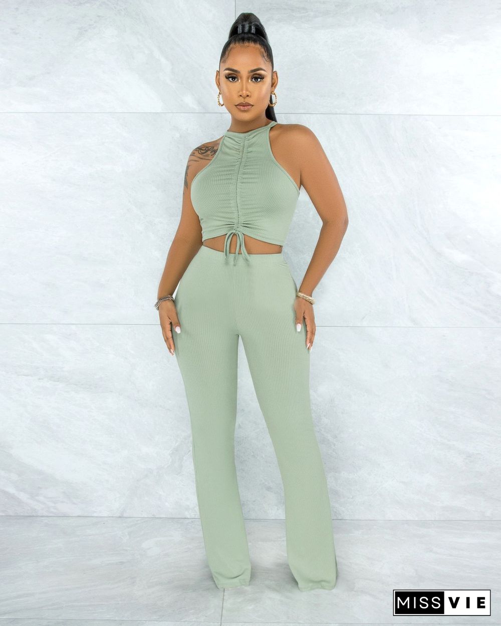 Solid Bandage Sleeveless Crop Top Flare Pants Set