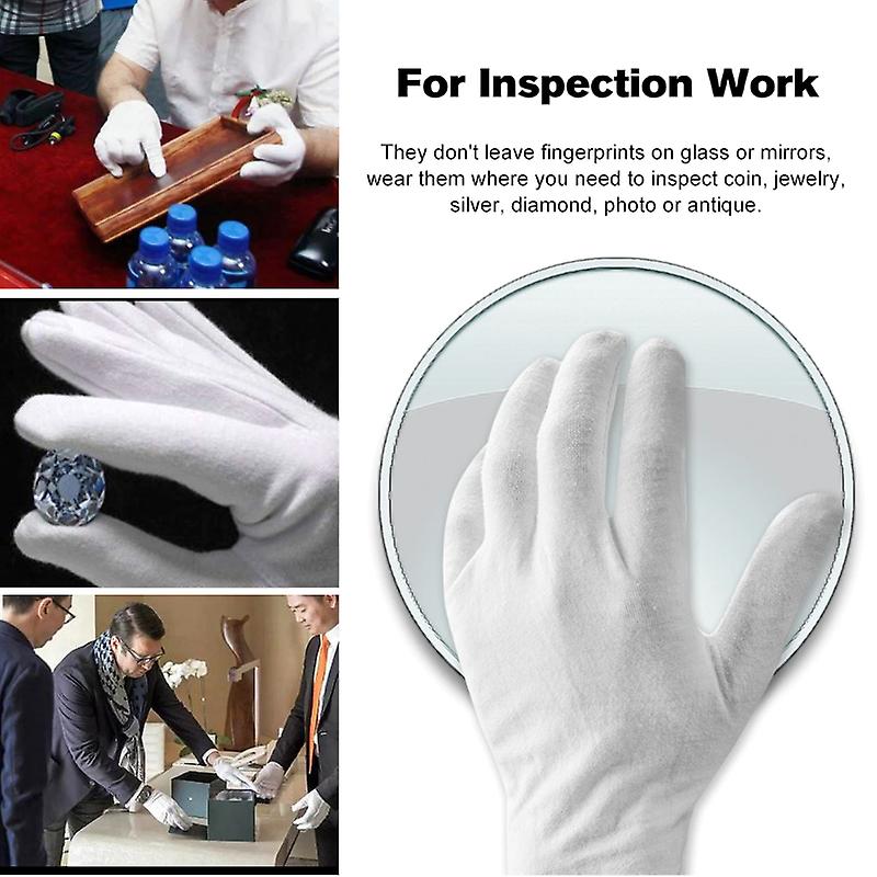 12 Pairs White Soft Cotton Ceremonial Gloves Stretchable Lining For Male Female Serving / Waiters Drivers Coin Jewellery Silver Inspection