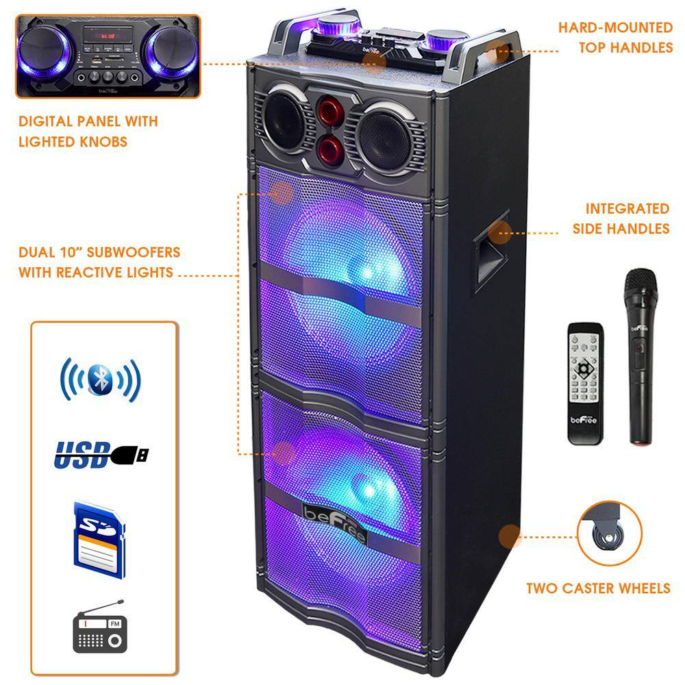 BEFREE SOUND Portable Double 10 in. Subwoofer Bluetooth Party Speaker with Reactive Lights 98597501M