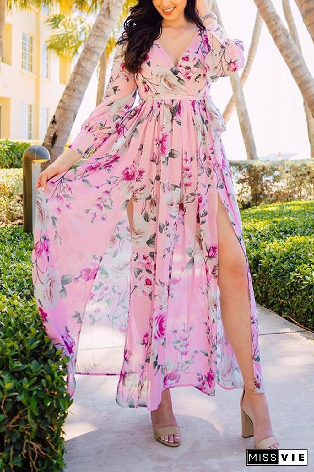 Button Puff Sleeve Belted Maxi Dress