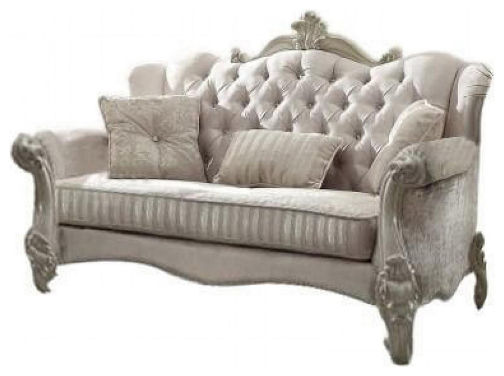 Fabric Upholstered Wooden Loveseat With Button Tufted Backrest  White   Victorian   Loveseats   by VirVentures  Houzz