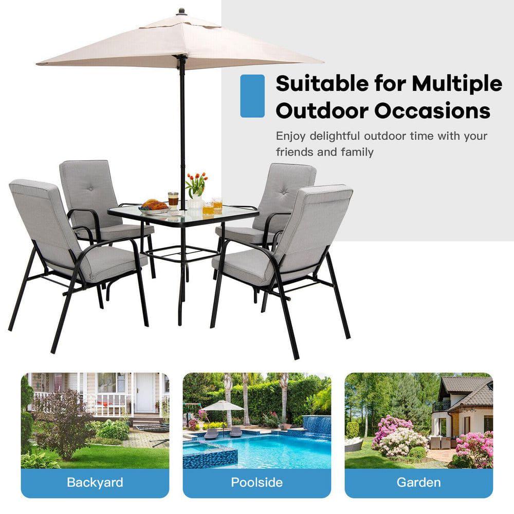 ANGELES HOME Black Square Metal Tempered Glass Outdoor Dining Table with Umbrella Hole