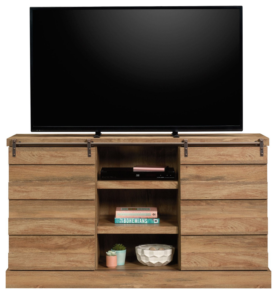 Rustic TV Stand  Channel Accented Sliding Doors With Black Track  Sindoori Mango   Rustic   Entertainment Centers And Tv Stands   by Declusia  Houzz