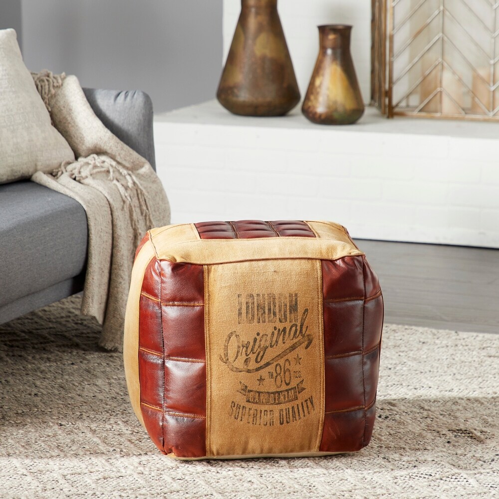 Beige Canvas Pouf with Leather Accents   20 x 20 x 17