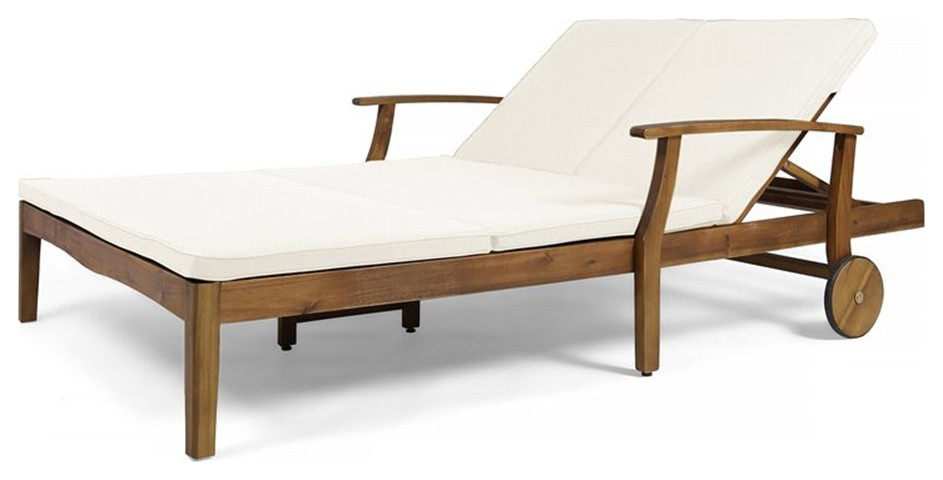 Noble House Perla Double Lounge for Yard and Patio in Teak with Cream Cushions   Transitional   Outdoor Chaise Lounges   by Homesquare  Houzz