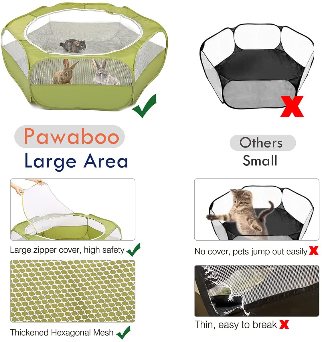 Pawaboo Small Animals Playpen， Waterproof Small Pet Cage Tent with Zippered Cover， Portable Outdoor Yard Fence with 3 Metal Rod for Kitten/Puppy/Guinea Pig/Rabbits/Hamster/Chinchillas， Green