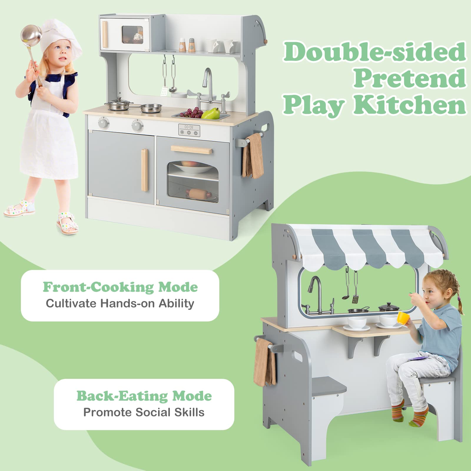 Costzon 2 in 1 Kids Kitchen Playset, Double-Sided Pretend Cooking Eating Play Kitchen with Coffee Table Set