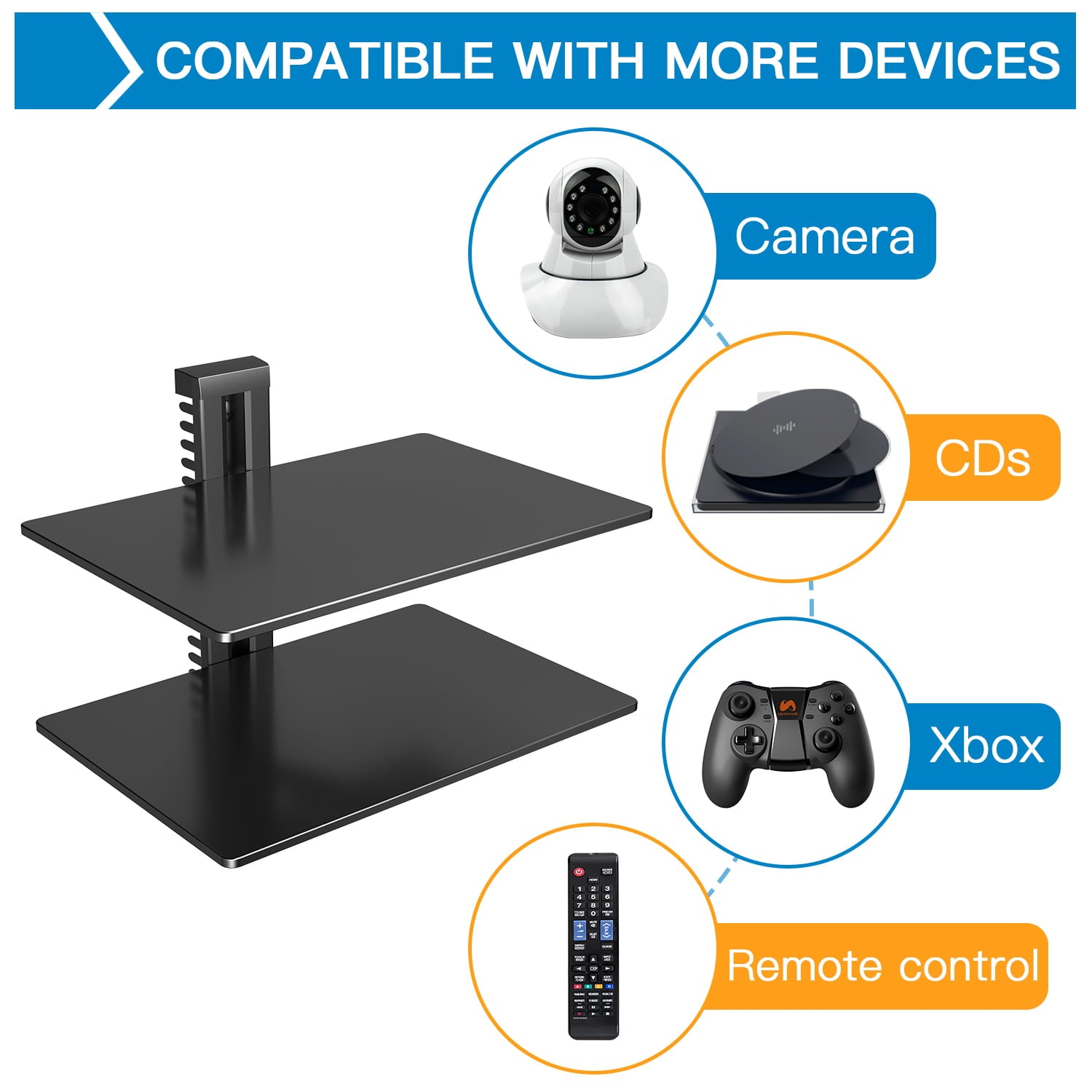 Wall Mounted 2 Tiers Glass AV Mount Shelf for Xbox /Cable Boxes/Gaming Systems,Holds up to 35.2 lbs