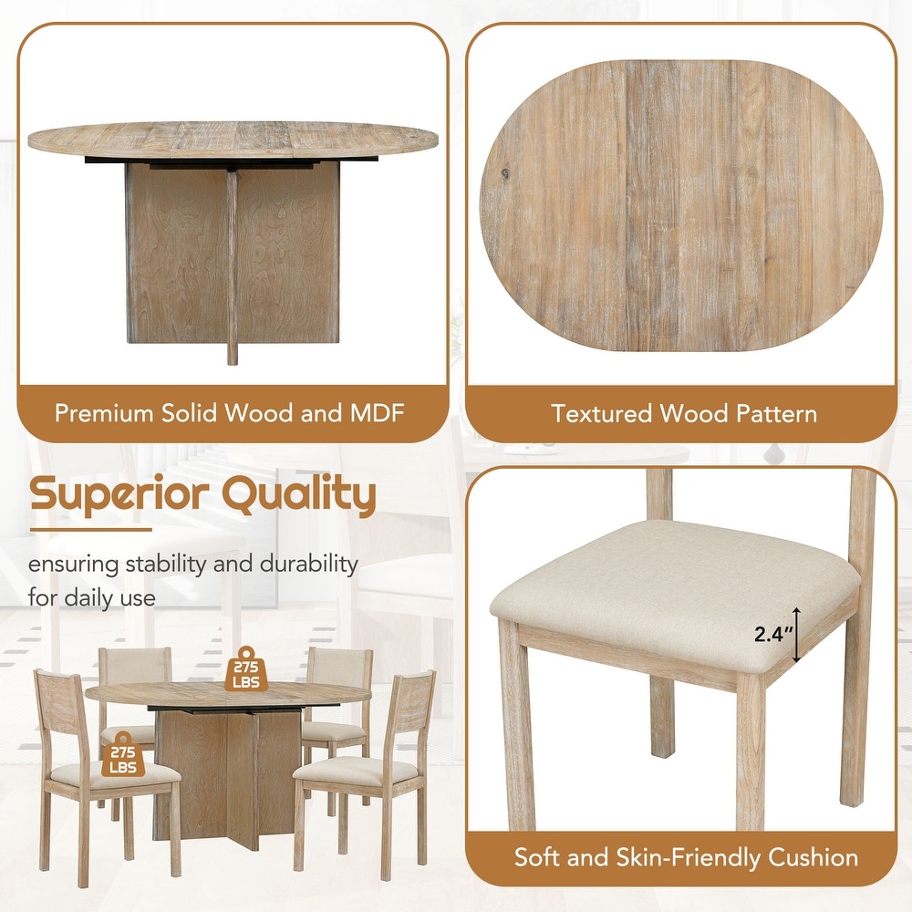 Retro 5 Piece Functional Dining Set with Oval Extendable Dining Table and Upholstered Dining Chairs for Dining Room