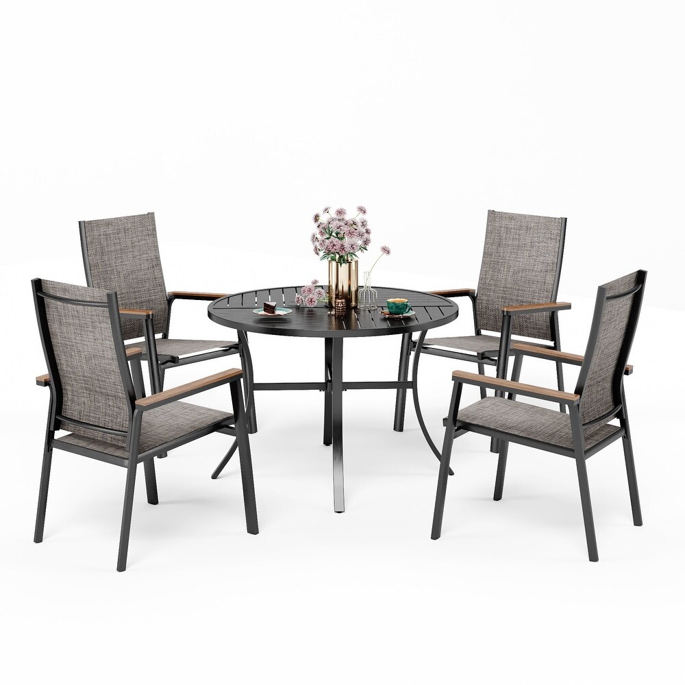 5 Piece Patio Dining Set Aluminum Textilene Fixed Chairs   Geometrically Stamped Round Table