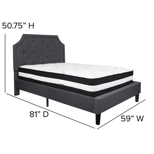 Brighton Full Size Tufted Upholstered Platform Bed in Dark Gray Fabric with Pocket Spring Mattress