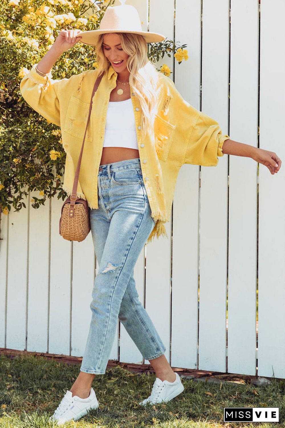 Yellow Distressed Fringe Trim Denim Jacket