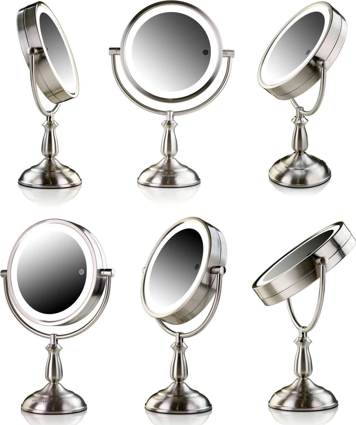 Ovente 75  Lighted Tabletop Vanity Makeup Mirror 1X and 7X Magnifier Spinning Double Sided Round LED 3 Tone Smart Touch Auto Shut Off Timer Battery and AC Plug Operated Nickel Brushed MPT75BR1X7X  Crowdfused