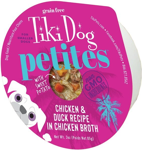 Tiki Dog Aloha Petites Chicken and Duck Recipe in Chicken Broth Wet Dog Food， 3-oz cup， case of 4