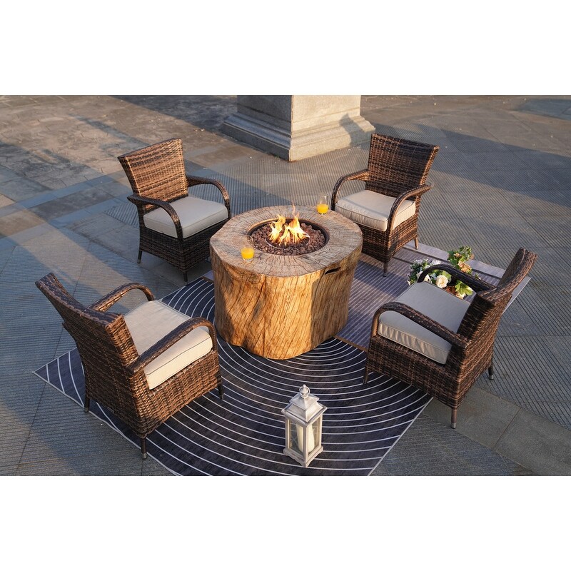 Patio Wood Coating Propane Fire Pit Table with Four Chairs