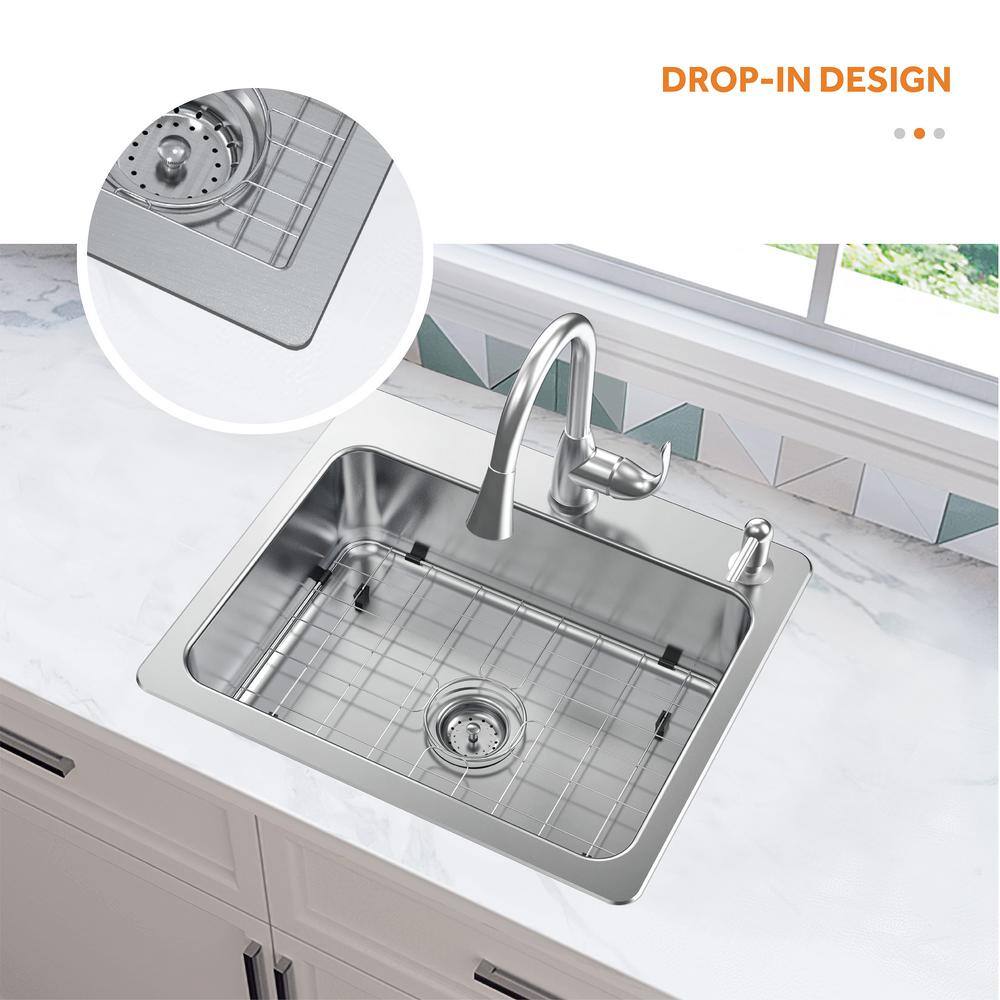 Glacier Bay Bratten Drop-InUndermount 18G Stainless Steel 25 in. 2-Hole Single Bowl Kitchen Sink with Accessories VT2522TA1ACC