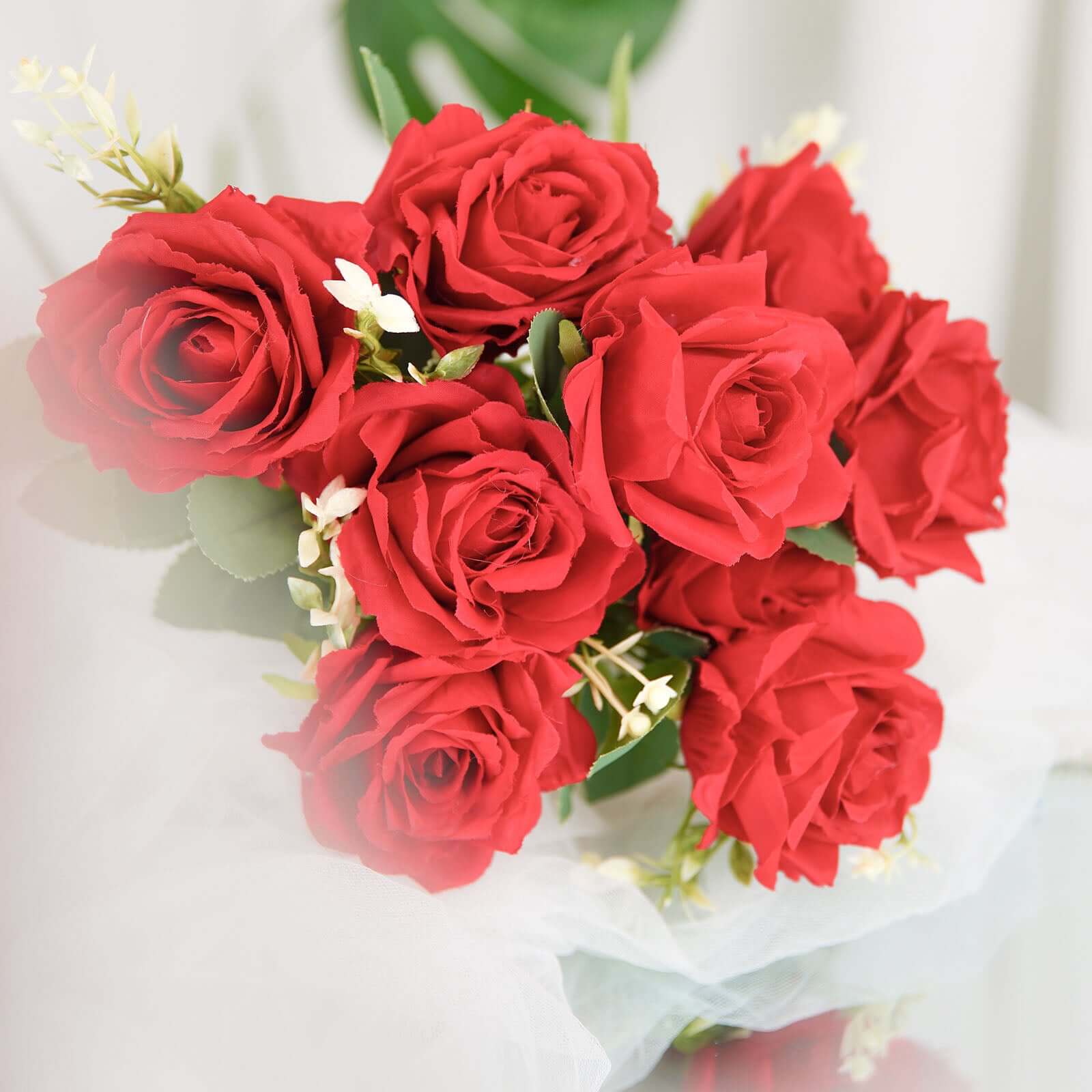 2 Bushes Red Artificial Silk Rose Flower Arrangements, Real Touch Long Stem Flower Bouquet 18